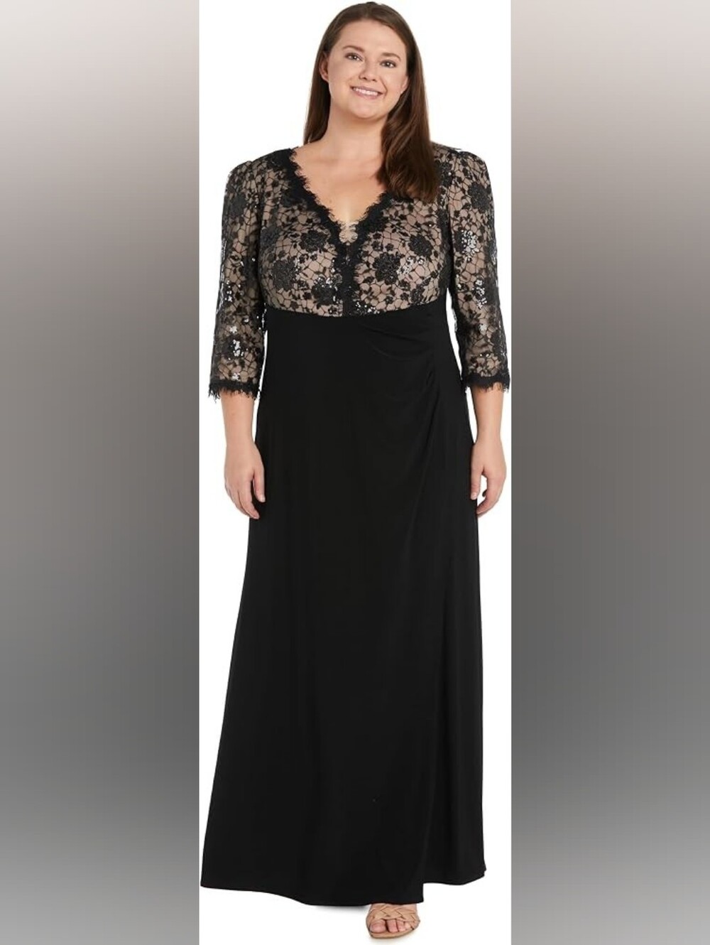 Womens 3/4 Sleeve Black Lace Sequin Maxi V-neck Cocktail Evening Gown Dress, 14P